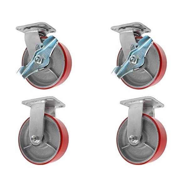 4"x2" Heavy Duty Caster Set W/ Red Polyurethane on Steel Wheels, 8